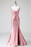 Blush Mermaid Spaghetti Straps Satin Prom Dress med slids
