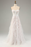 Hvid A Line Sweetheart Sweep Train Korset Brudekjole med Applique Lace