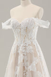 Prinsesse hvid Off the Shoulder Applique Tulle brudekjole med slids