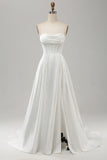 Elegant hvid A Line Strapless Plisseret Sweep Train Brudekjole med split