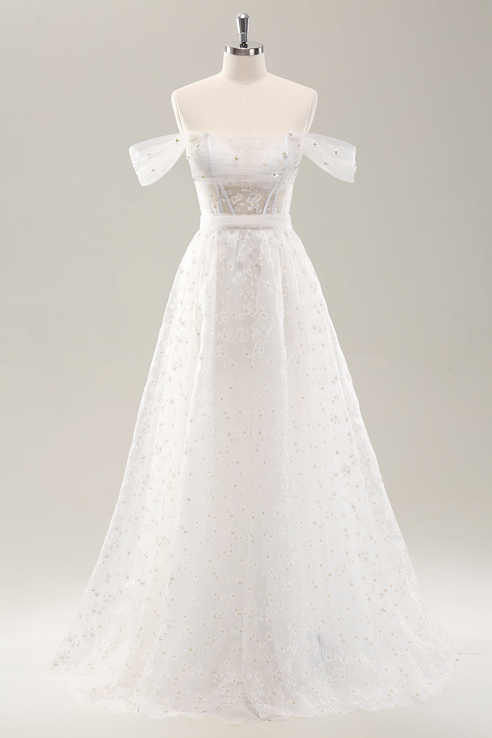 Hvid A Line Off the Shoulder korset brudekjole med blonder op bagpå