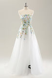 Hvid A Line Strapless 3D Blomster Tulle Brudekjole med slids