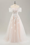 Hvid A Line Off the Shoulder Tulle Brudekjole med broderi