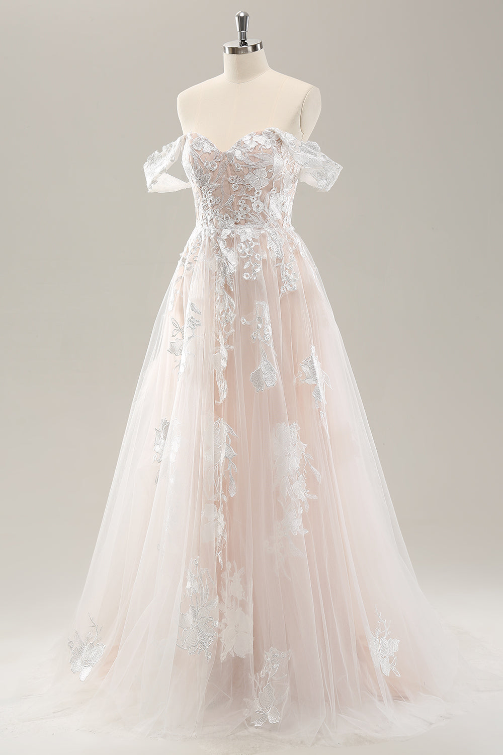 Hvid A Line Off the Shoulder Tulle Brudekjole med Applique Lace