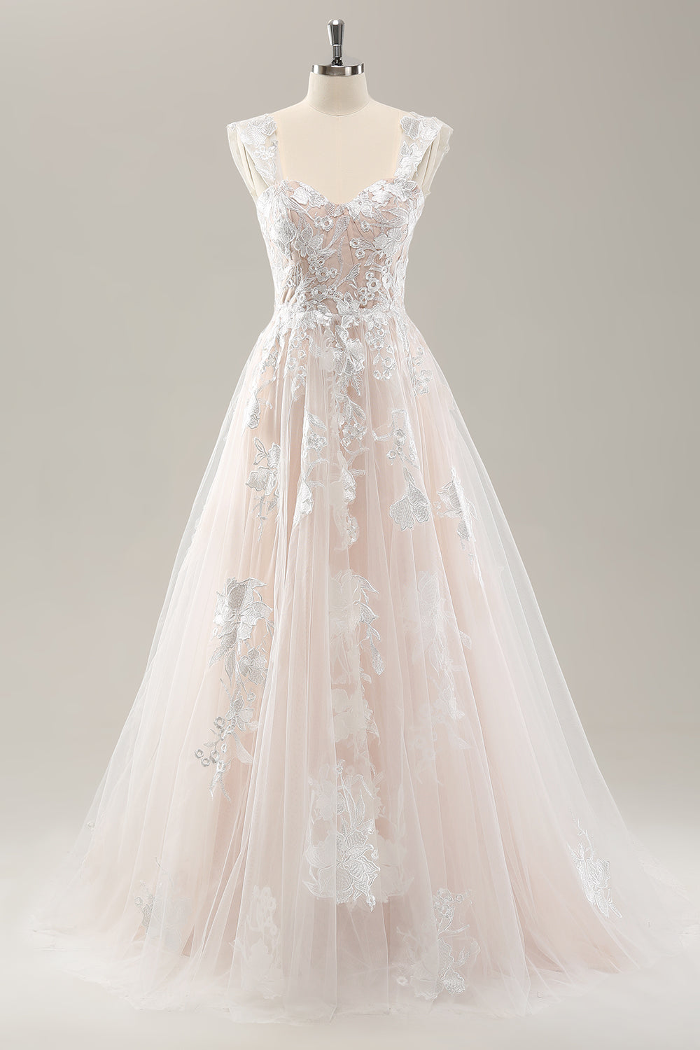 Hvid A Line Off the Shoulder Tulle Brudekjole med Applique Lace