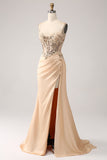 Elegant champagne havfrue plisseret satin gallakjole med applikationer