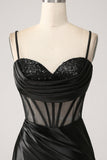 Havfrue kæreste sort satin lang gallakjole med perler