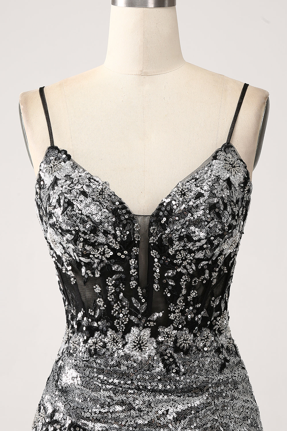 Sort Sparkly Havfrue Spaghetti Stropper Korset Prom Kjole med slids