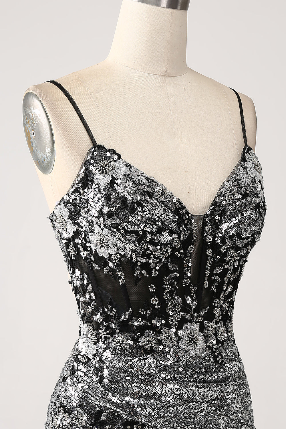 Sort Sparkly Havfrue Spaghetti Stropper Korset Prom Kjole med slids