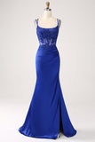 Royal Blue Mermaid Corset Beaded Long Prom Dress med slids