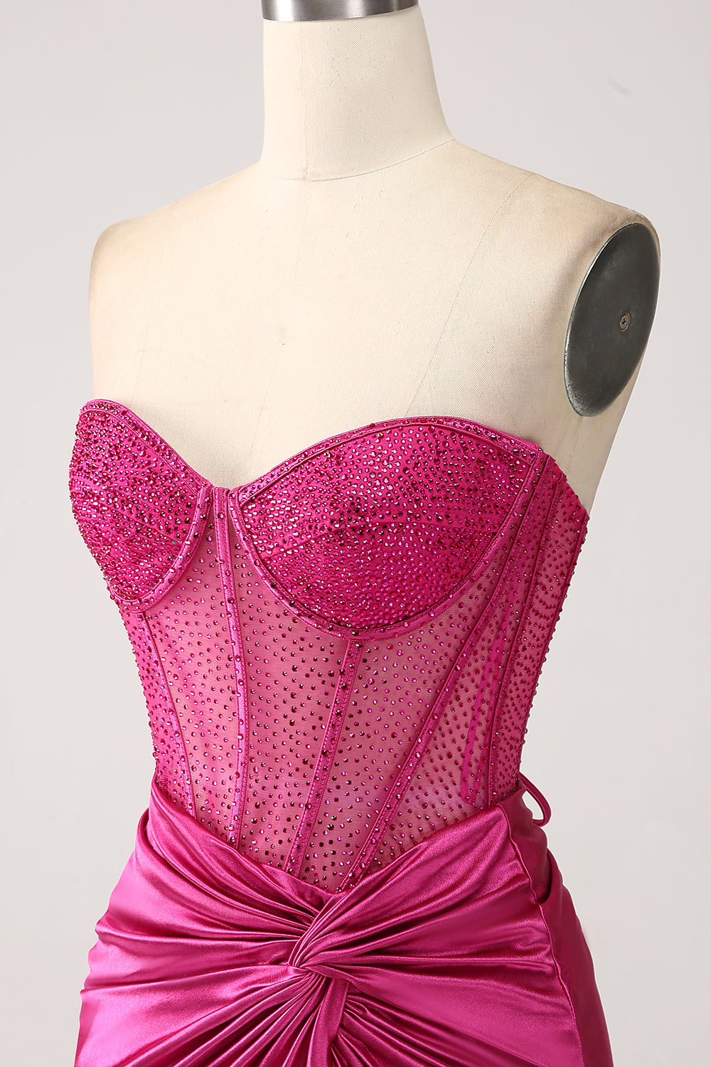 Fuchsia havfrue kæreste plisseret lang korset satin gallakjole med slids