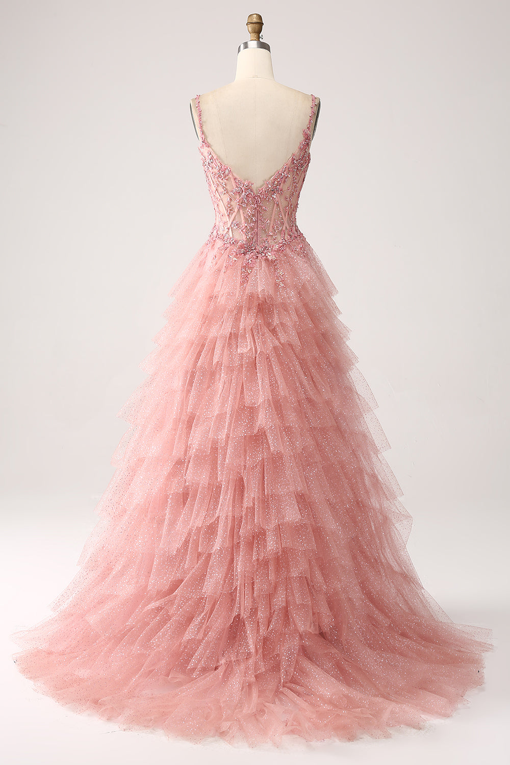 Blush A-Line Spaghetti Stropper Tiered Tulle Korset Lang Prom Kjole