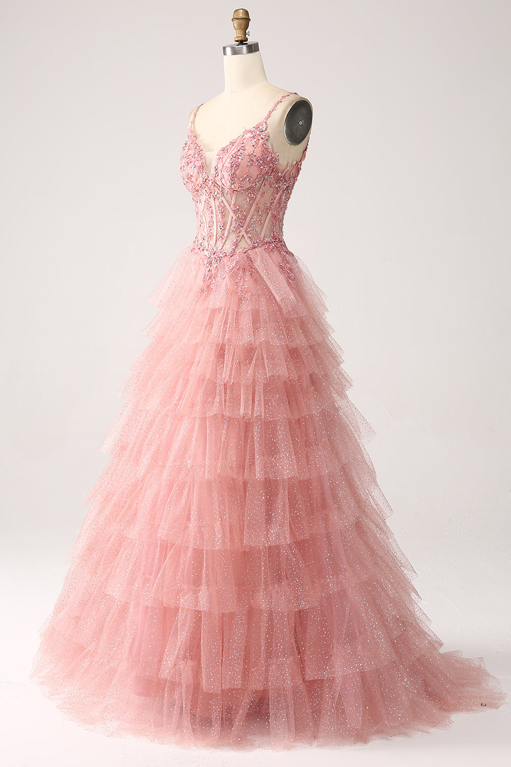 Blush A-Line Spaghetti Stropper Tiered Tulle Korset Lang Prom Kjole