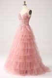 Blush A-Line Spaghetti Stropper Tiered Tulle Korset Lang Prom Kjole