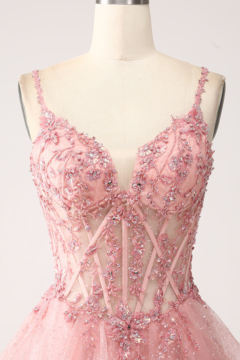 Blush A-Line Spaghetti Stropper Tiered Tulle Korset Lang Prom Kjole