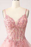 Blush A-Line Spaghetti Stropper Tiered Tulle Korset Lang Prom Kjole