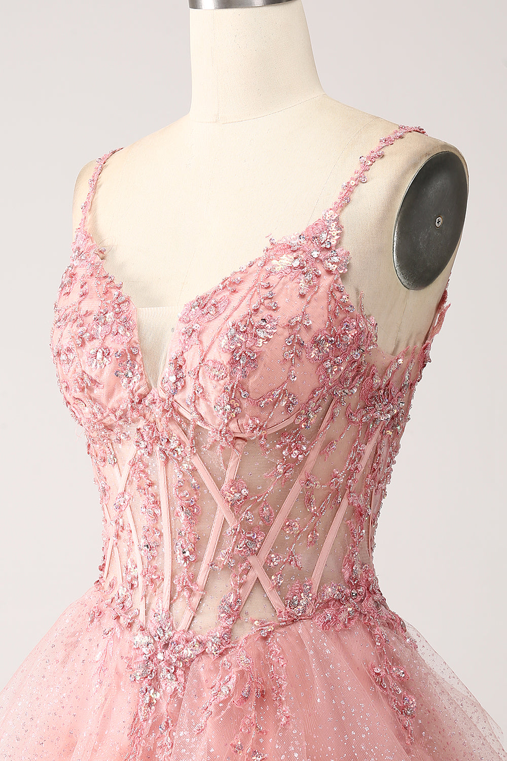 Blush A-Line Spaghetti Stropper Tiered Tulle Korset Lang Prom Kjole