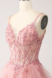 Blush A-Line Spaghetti Stropper Tiered Tulle Korset Lang Prom Kjole
