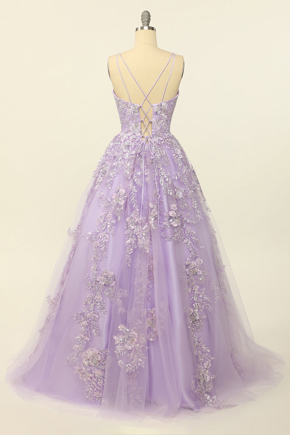 Lilla Spaghetti Straps Gallakjole Med Appliques