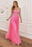Hot Pink Off the Shoulder Lang Gallakjole med Applikationsappiques