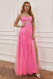 Hot Pink Off the Shoulder Lang Gallakjole med Applikationsappiques