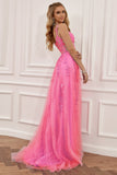 Hot Pink Off the Shoulder Lang Gallakjole med Applikationsappiques