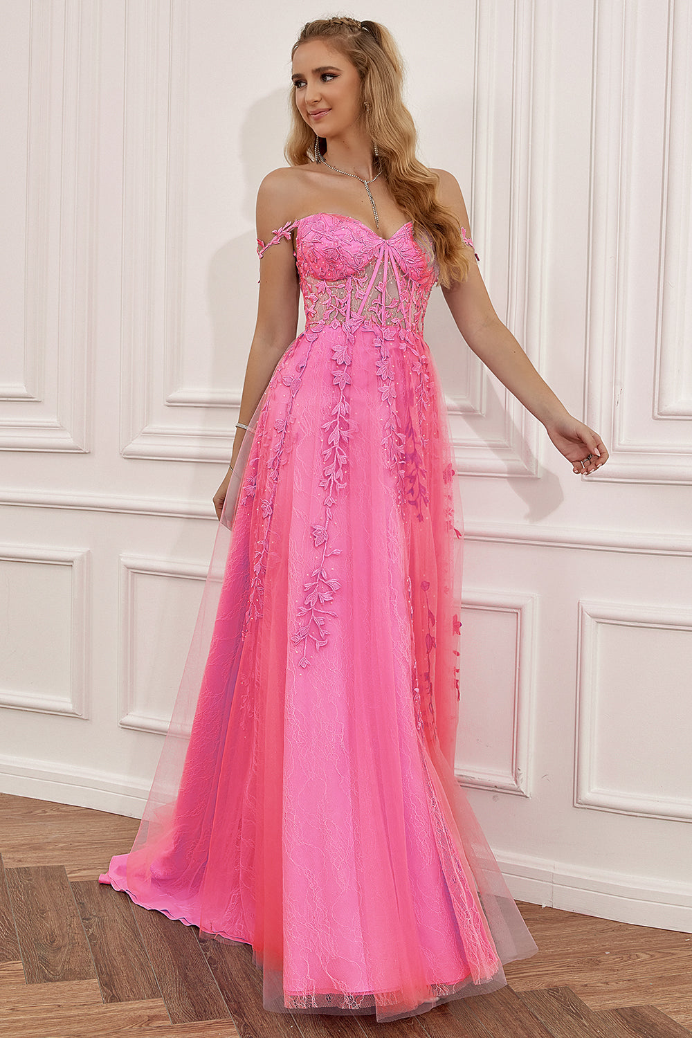 Hot Pink Off the Shoulder Lang Gallakjole med Applikationsappiques