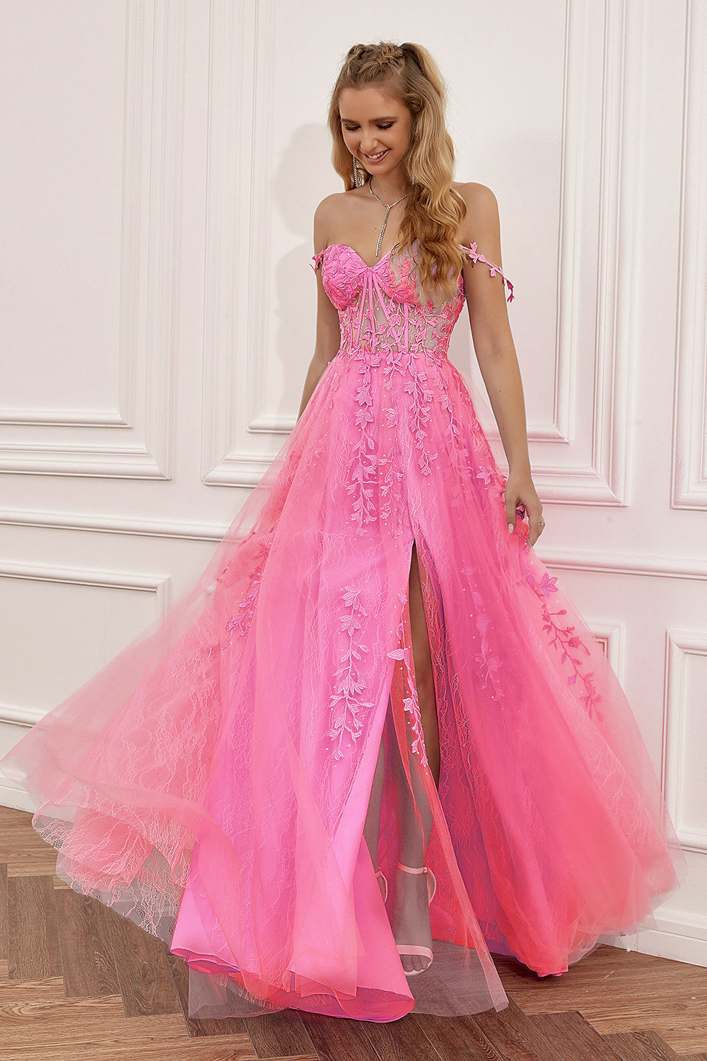 Hot Pink Off the Shoulder Lang Gallakjole med Applikationsappiques