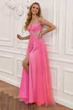 Hot Pink Off the Shoulder Lang Gallakjole med Applikationsappiques