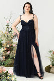 A Line Spaghetti Straps Navy Plus Size Prom Dress med applikationer