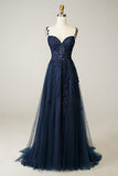 En Line Spaghetti Straps Navy Gallakjole med Applikations