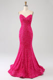 Bling Havfrue Sweetheart Hot Pink Pailletter Lang gallakjole