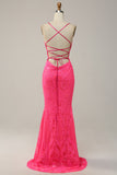 Havfrue Spaghetti Stropper Sequined Hot Pink Long Prom Dress