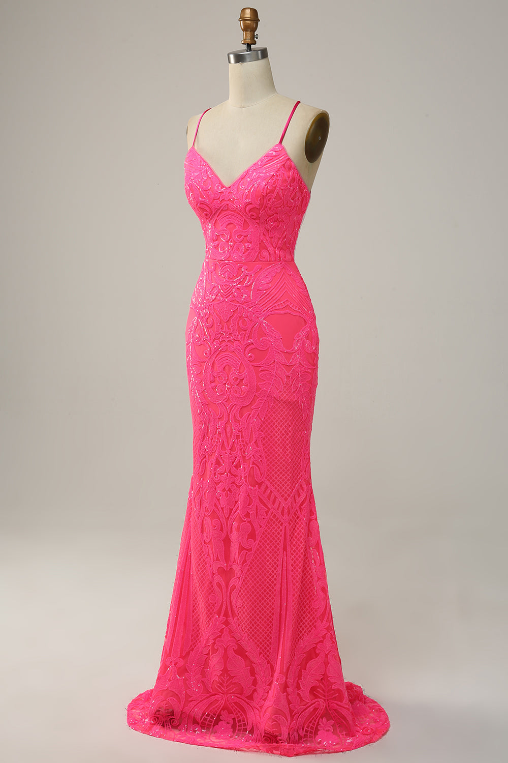 Havfrue Spaghetti Stropper Sequined Hot Pink Long Prom Dress