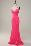 Havfrue Spaghetti Stropper Sequined Hot Pink Long Prom Dress