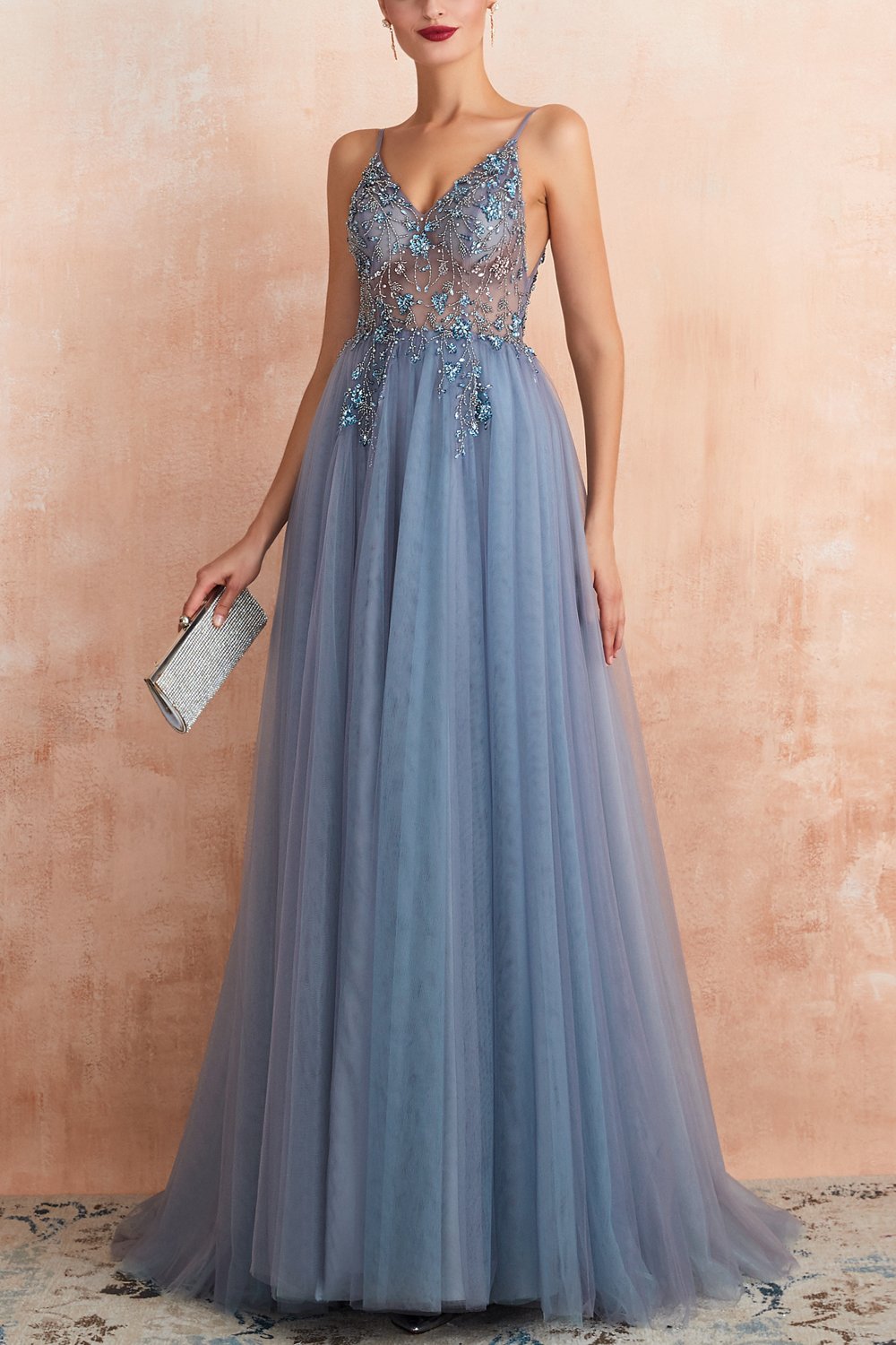 V-Hals Slit Tulle Kjole