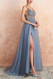 V-Hals Slit Tulle Kjole