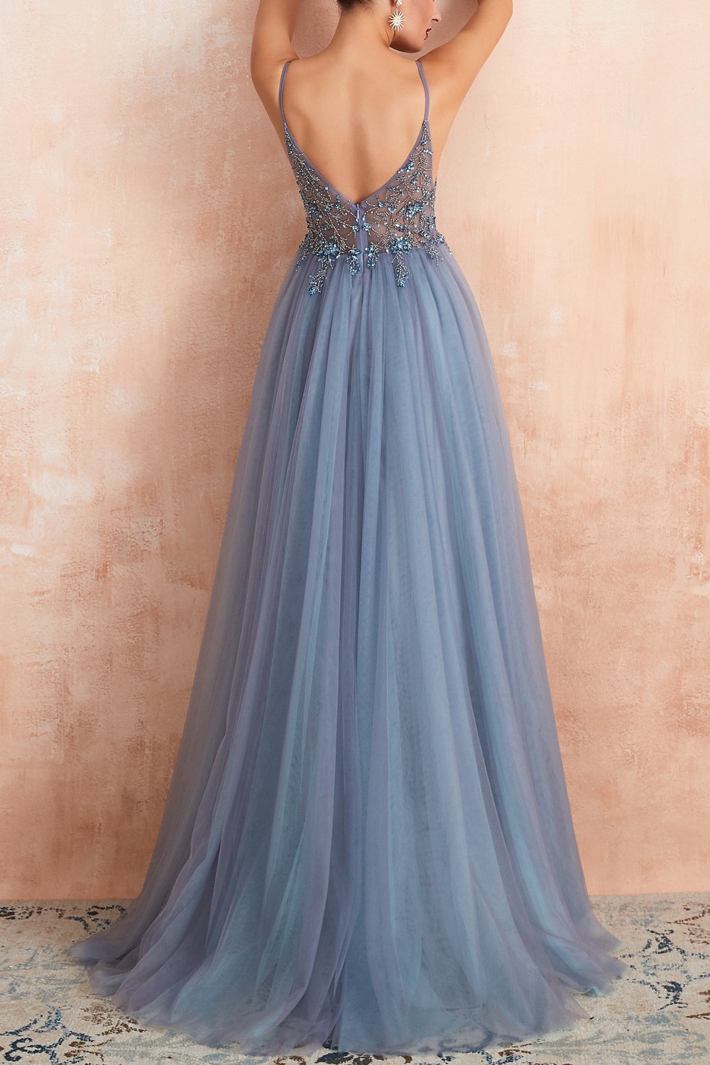 V-Hals Slit Tulle Kjole