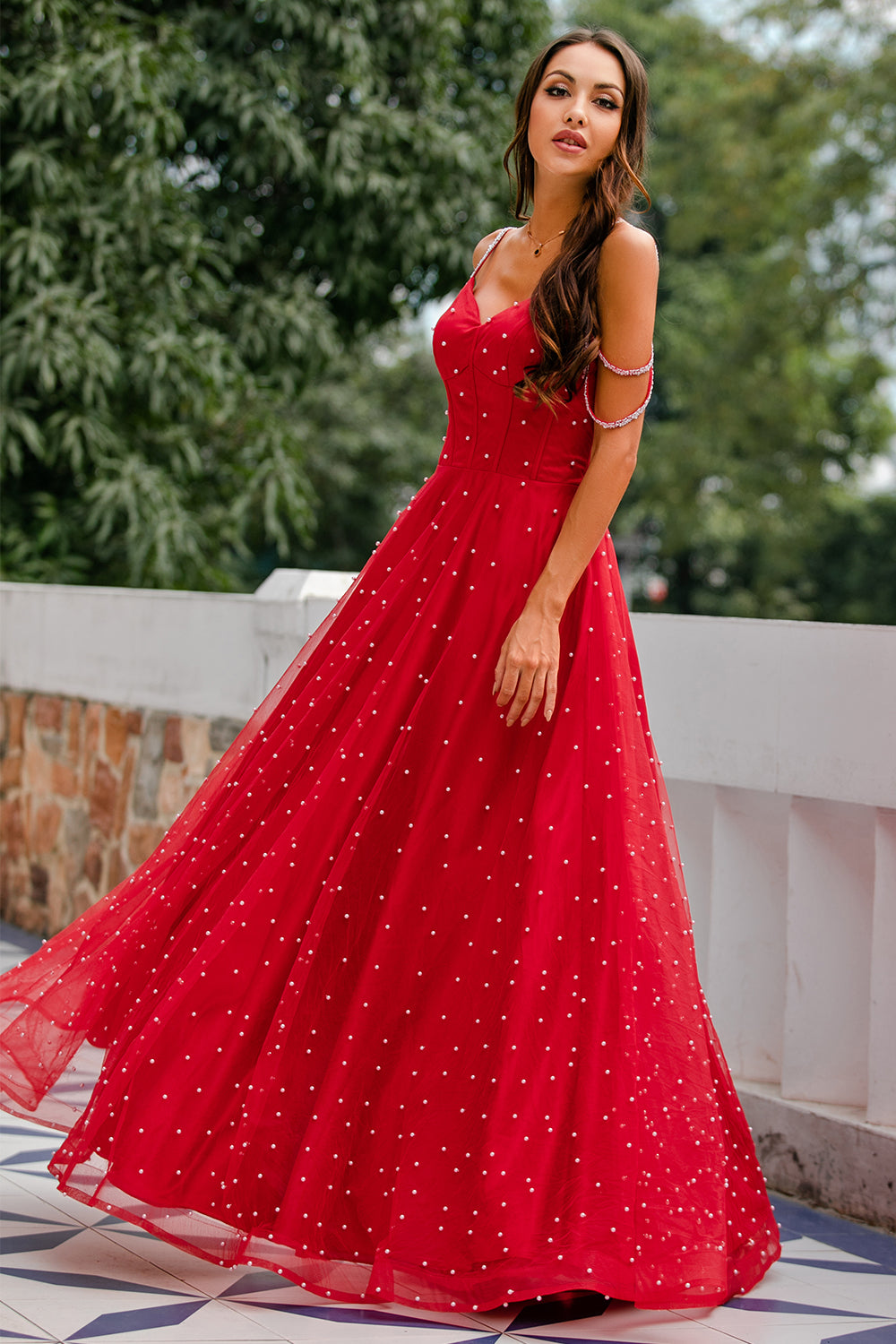 Rød beaded lang prom kjole