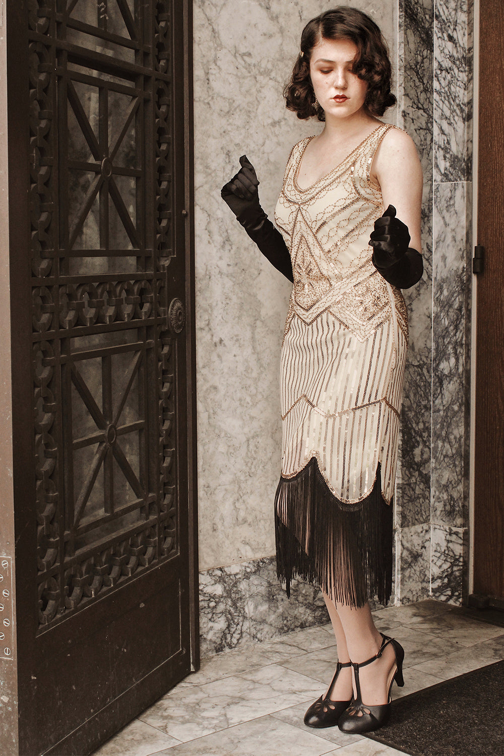 1920erne Champagne Fringe Palaets Kjole