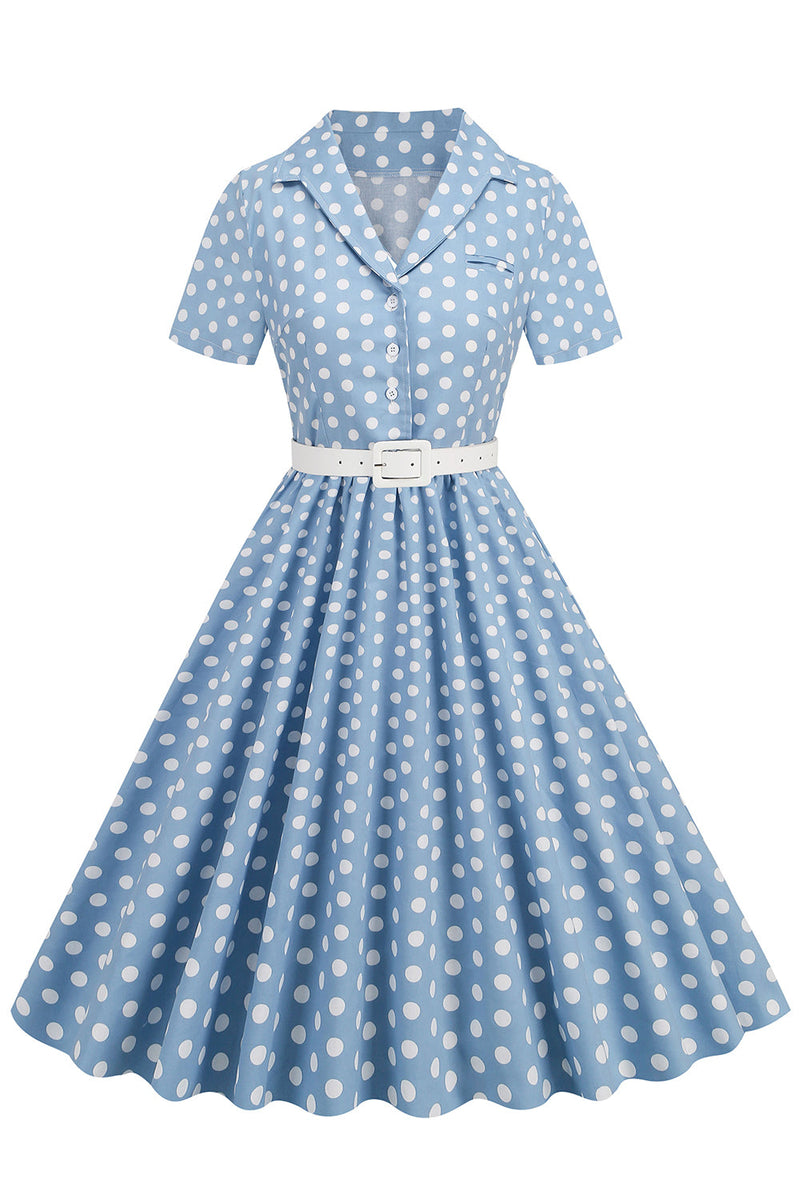 Zapaka Kvinder Blå Prikker 1950erne Kjole Hepburn Stil V Hals Vintage