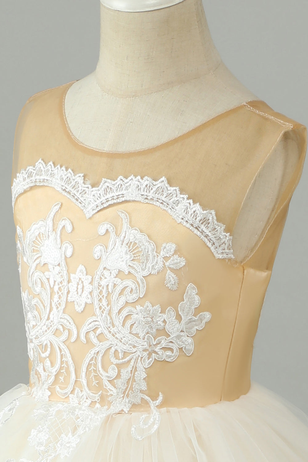Champagne A Line tyl blomst pige kjole med sløjfe