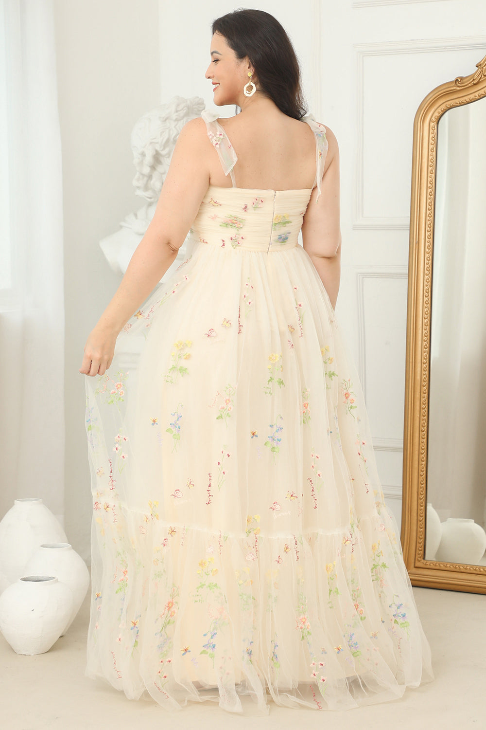 Plus Size Champagne lang gallakjole med broderi