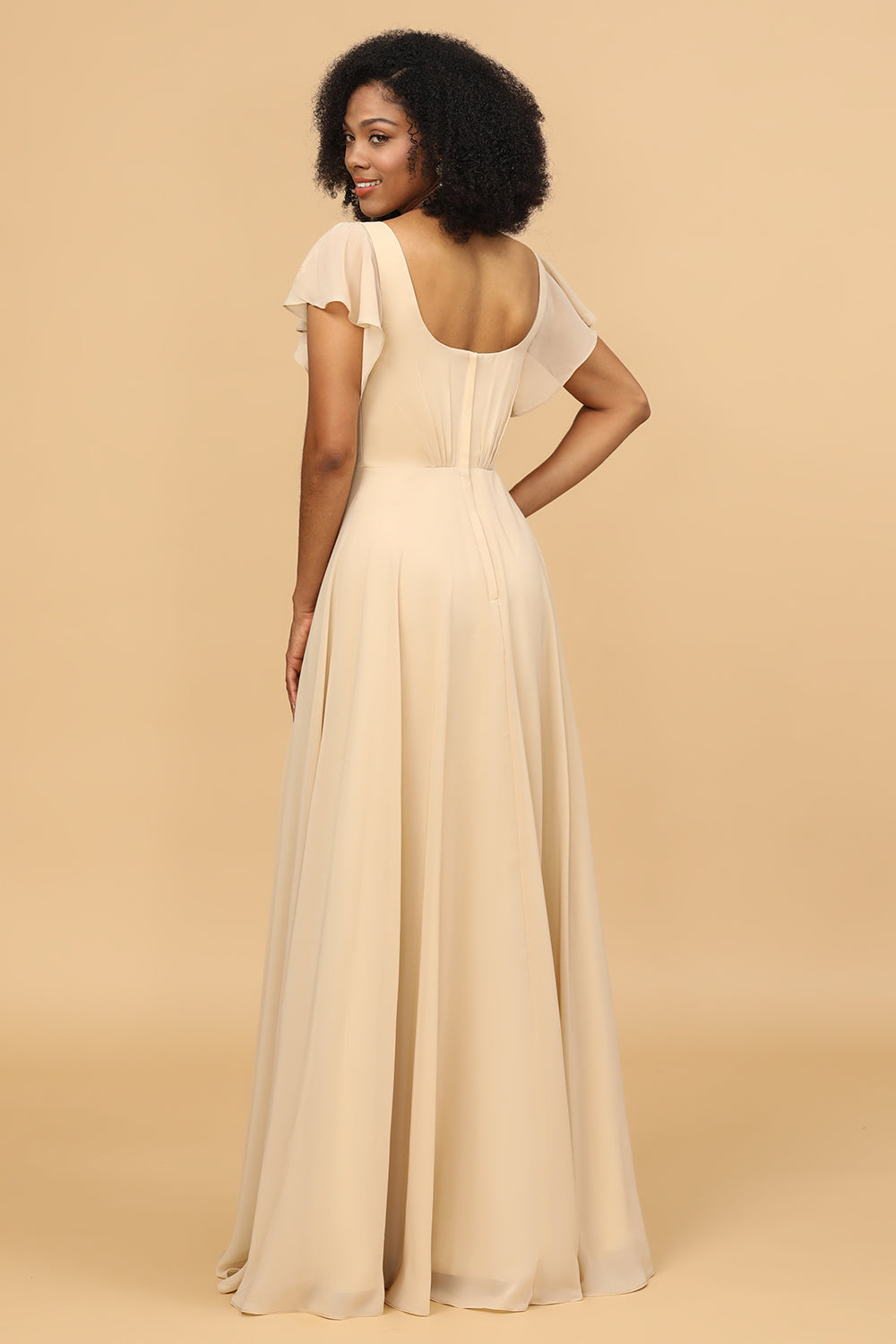 Champagne Cap Ærmer Lang Chiffon Brudepige Kjole