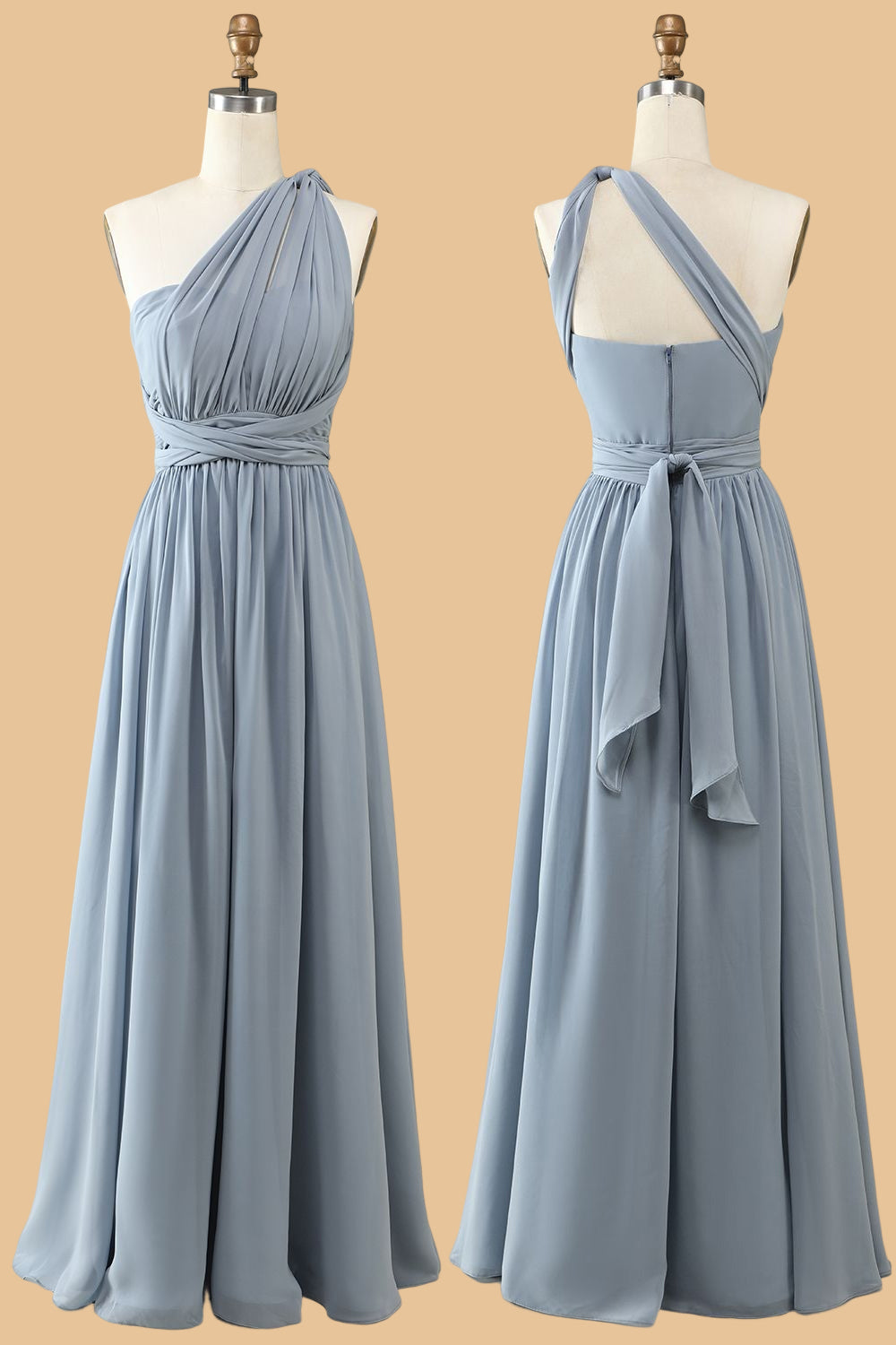 A Line One Shoulder V Neck Halter Neck Floor Length Grey Blue Brudepige Kjole