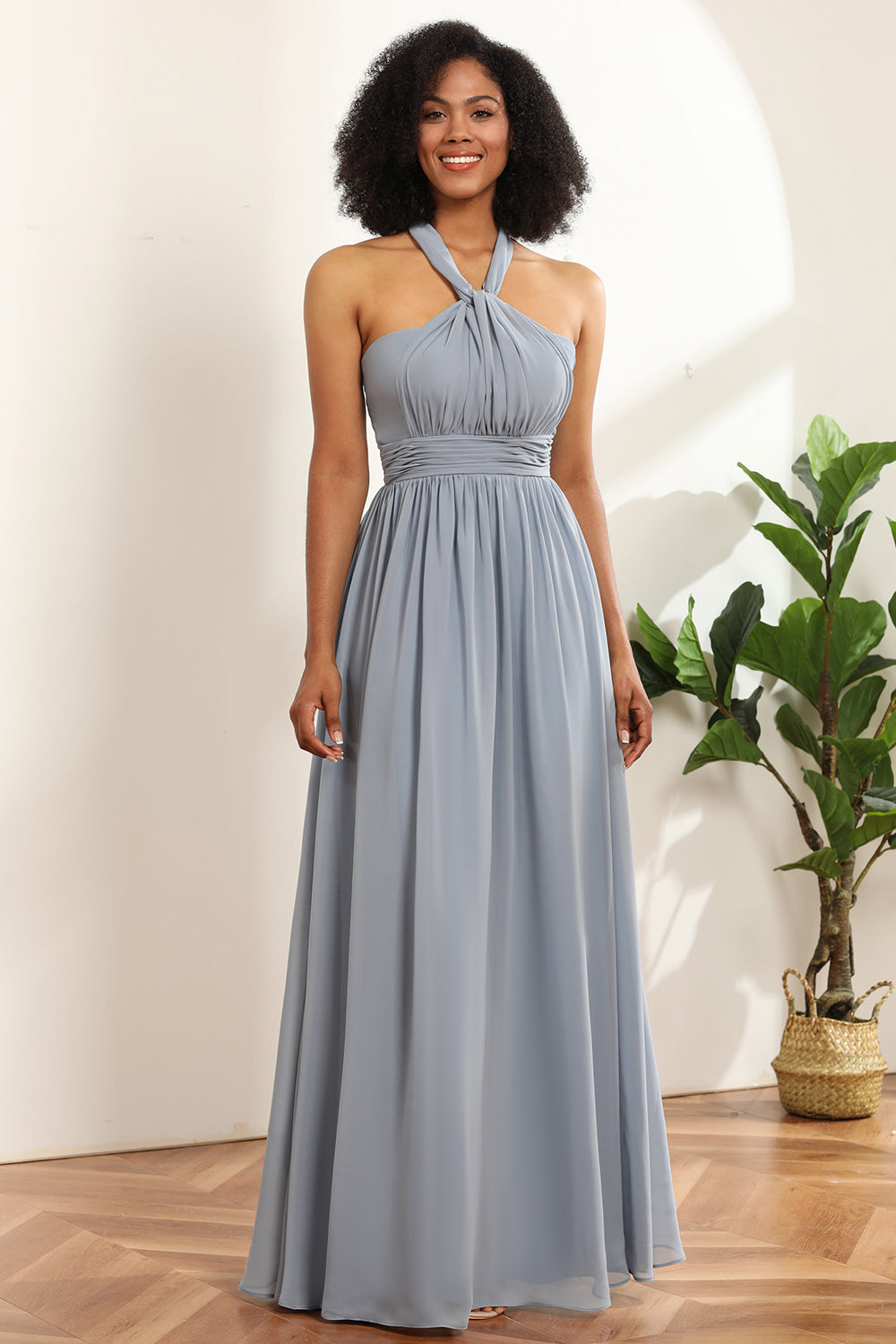 Grå blå cabriolet lang Chiffon brudepige kjole