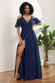 Kold skulder Navy Chiffon Brudepige Kjole med slids