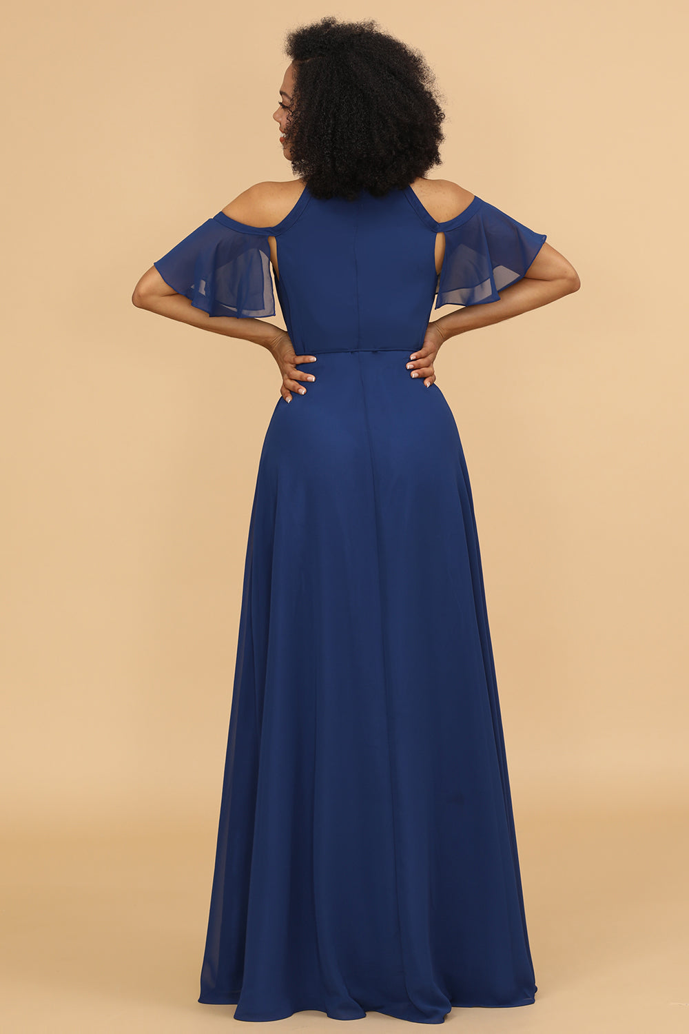 Kold skulder Navy Chiffon Brudepige Kjole med slids