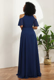 Kold skulder Navy Chiffon Brudepige Kjole med slids