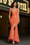 Glitrende orange havfrue Spaghetti Stropper Pailletter Gallakjole med slids
